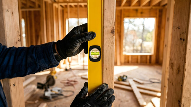 Carpenter Checking Vertical Alignment of Wooden Wall Stud with Spirit Level | Builder Using Yellow Spirit Level to Check Plumb on Timber House Framing