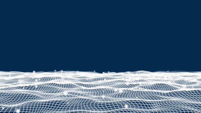 Glowing digital wave animation with wireframe and dots. blue digital cyber wave made of particles for technology concept.