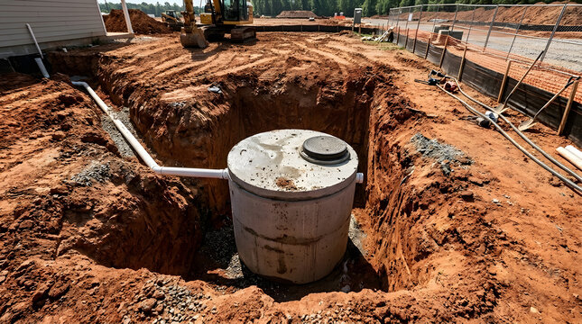 Concrete Septic Tank and PVC Drainage Pipes Installed in Underground Excavation Pit | Residential Septic System Installation in Earth Trench on Construction Site 