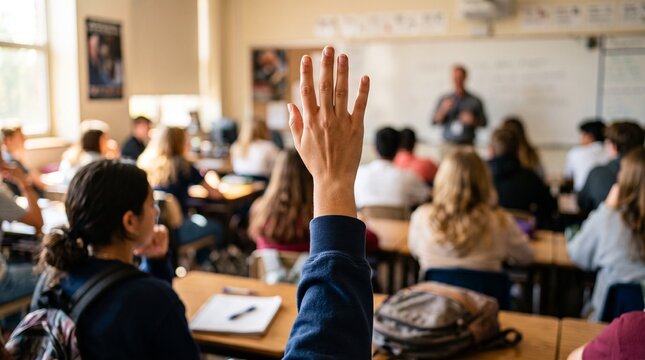 &Eacute;l&egrave;ve levant la main pour r&eacute;pondre &agrave; une question pendant un cours dans une salle de classe