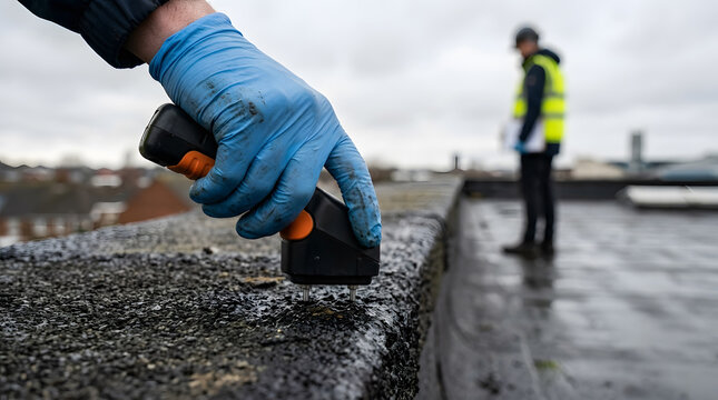 Inspector Testing Roof Moisture Level using Pin Type Digital Meter | Professional Flat Roof Inspection and Moisture Testing on Bitumen Surface | Close-Up of Moisture Meter Pin Testing on Waterproof 