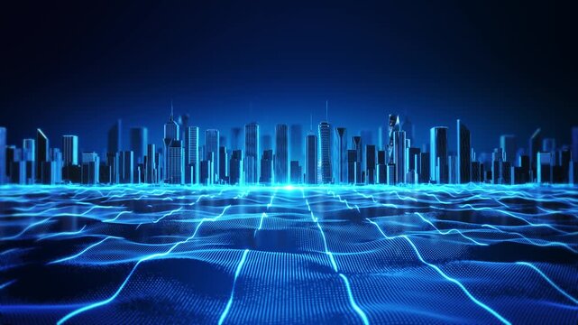 Modern city skyline flowing data surface geometric waves and mapping patterns. for digital twins, spatial planning, navigation, urban modeling, telemetry and connected infrastructure.
