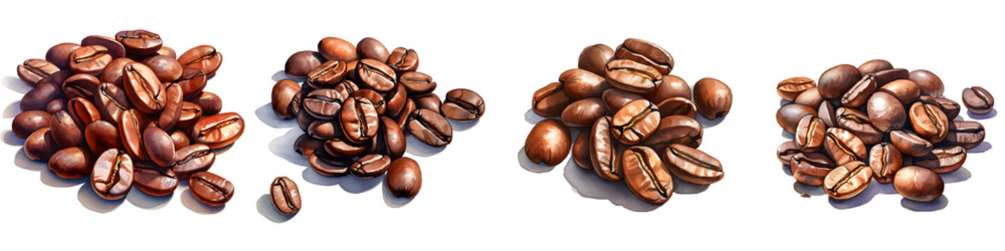 Four piles of roasted coffee beans create a visual array on a black background