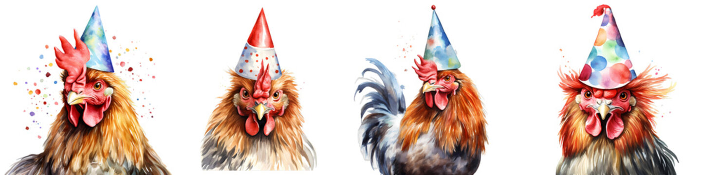 Festive fowl: watercolor illustration of chickens wearing party hats on black background