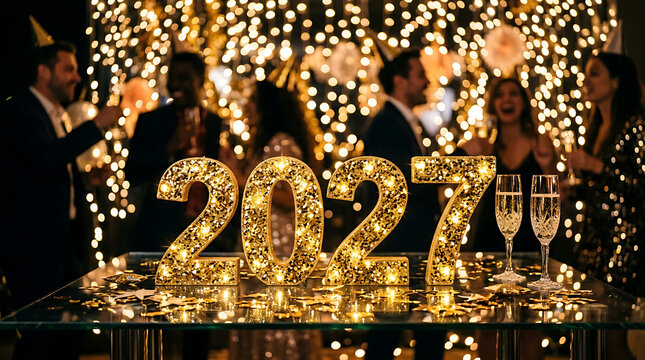2027 New Year party celebration with golden numbers and champagne glasses at night event