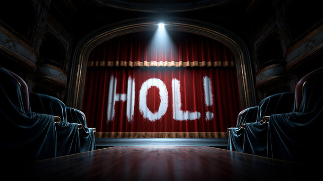 Roter Theatervorhang zeigt Leuchtschrift Holi im Scheinwerferlicht