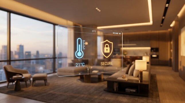 Transparent holographic interface showing temperature and security shield in a luxury living room, smart home automation and control