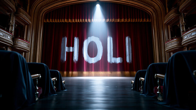 Roter Theatervorhang zeigt Leuchtschrift Holi im Scheinwerferlicht