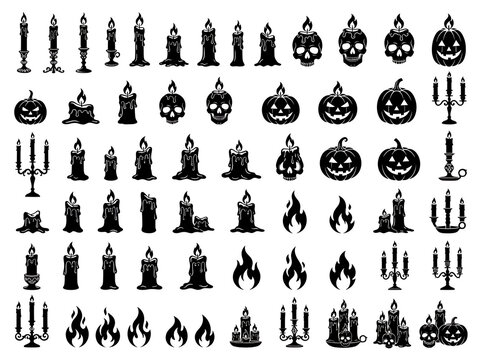 Black silhouettes of halloween candles skulls pumpkins and flames on a white background