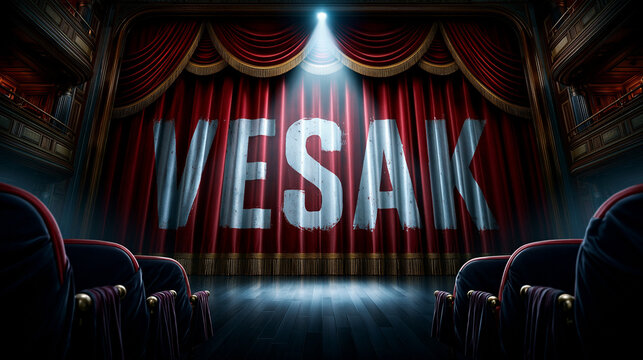 Roter Theatervorhang zeigt Leuchtschrift Vesak im Scheinwerferlicht