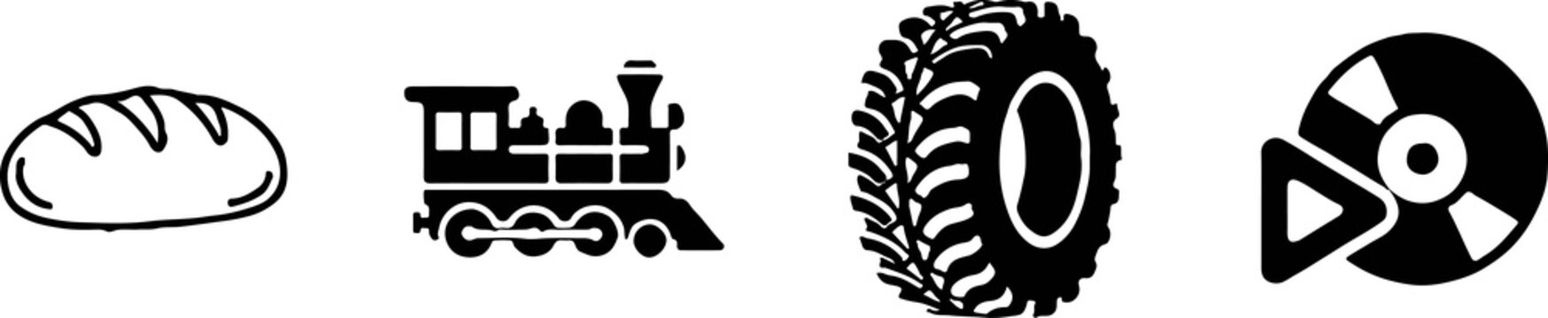 Set of black silhouette icons representing food train tire and music media