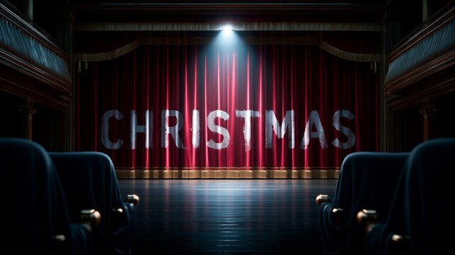 Roter Theatervorhang zeigt Leuchtschrift Christmas im Scheinwerferlicht