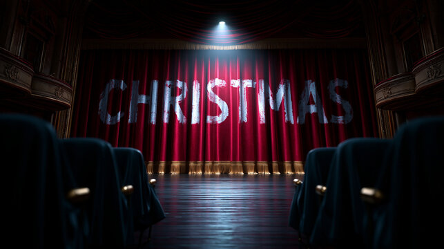 Roter Theatervorhang zeigt Leuchtschrift Christmas im Scheinwerferlicht