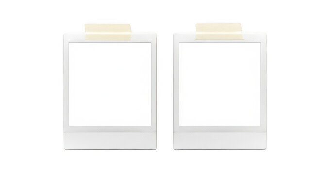 Two blank instant photo frames held by adhesive tape isolated on transparent background