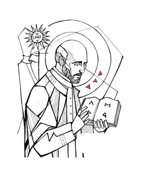Saint Ignatius of Loyola with IHS symbol ink drawing