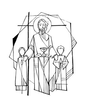 Priest with altar servers in geometric line art
