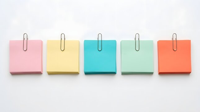 Five colorful square sticky note paper pads with metal silver paper clips arranged in a horizontal row isolated on a clean white background