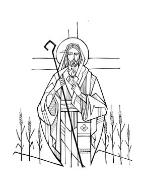 Jesus the Good Shepherd standing among wheat