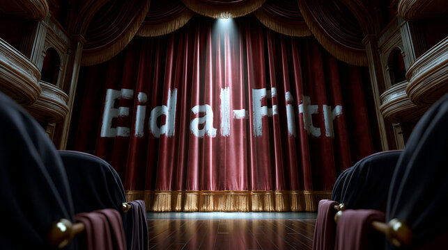 Theatervorhang mit Leuchtschrift Eid al-Adha im Scheinwerferlicht