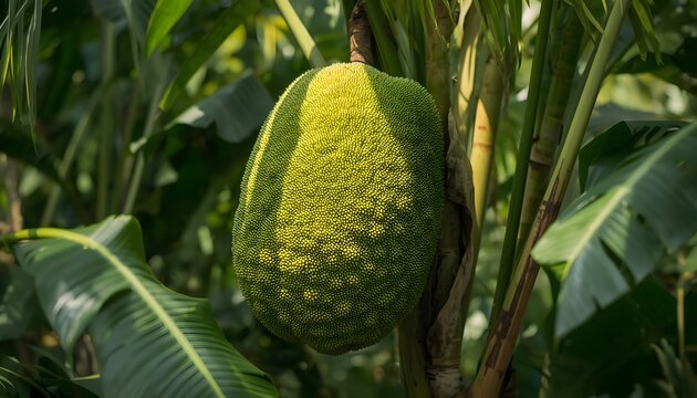 A large ripe green jackfruit growing directly from a tropical tree, surrounded by lush green leaves and illuminated by warm natural sunlight.