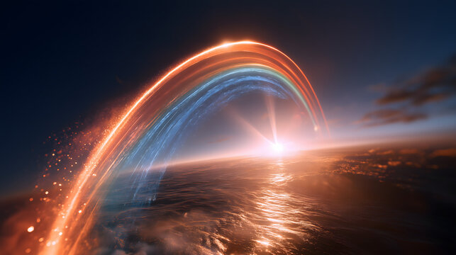 Norse myth bifrost rainbow bridge abstract light effect, seven-layer colorful arc connecting realms, flowing light footprints, brilliant sacred passage asset for poster, packaging, film and game world