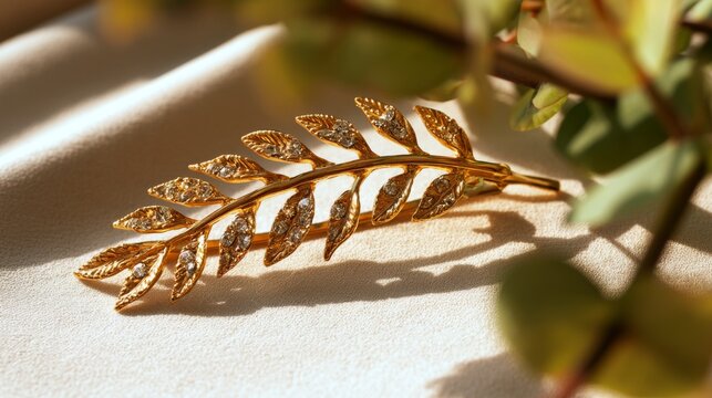 Elegant gold hairpin shaped like a leaf, adorned with shimmering accents, resting on soft fabric, perfect for fashion accessories or special occasions