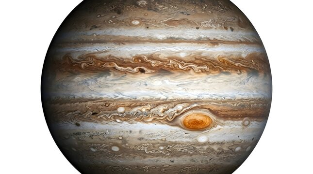 Large planet jupiter with colorful gas clouds and storms isolated on a white background