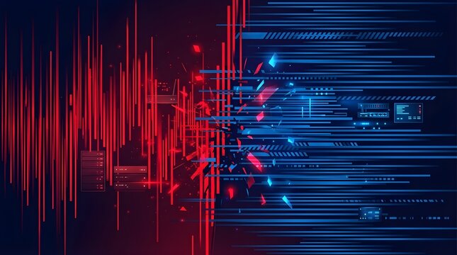 Abstract digital network background with data fragmentation and server nodes