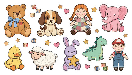 Obraz premium Cute Nursery Toys and Stuffed Animals Vector Collection Featuring Teddy Bear Ragdoll Puppy Elephant Dinosaur Lamb Duck and Bunny Character Illustrations