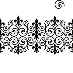 Black and white seamless decorative border with intricate floral swirls and fleur de lis motifs for page dividers and stationery frames © sagor