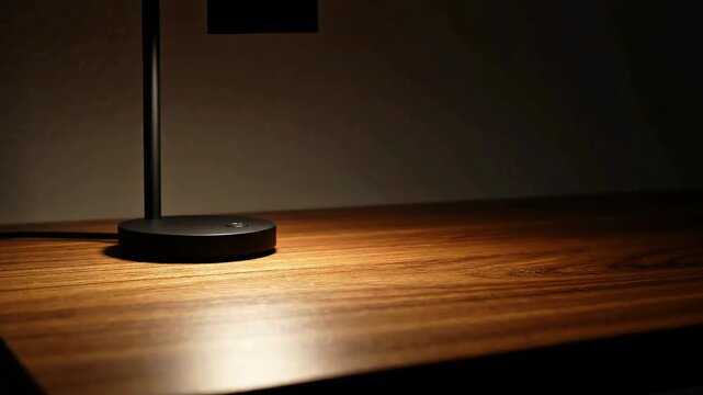 A warm light illuminating a dark room as a sleek minimalist black desk lamp is turned on over a wooden surface.