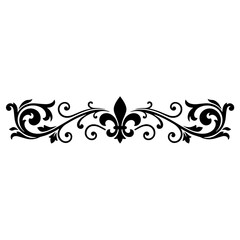Black floral scroll ornament with a central fleur de lis motif and symmetrical swirling leaf patterns on a white background © sagor