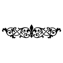 Symmetrical black floral scroll ornament with a central fleur de lis and crossed leaf patterns isolated on a white background © sagor