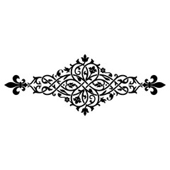 Symmetrical black floral scroll ornament with a central fleur de lis and intricate leaf patterns isolated on a white background © sagor