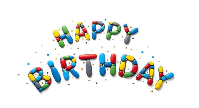 Happy Birthday text made of colorful clay letters on a white background