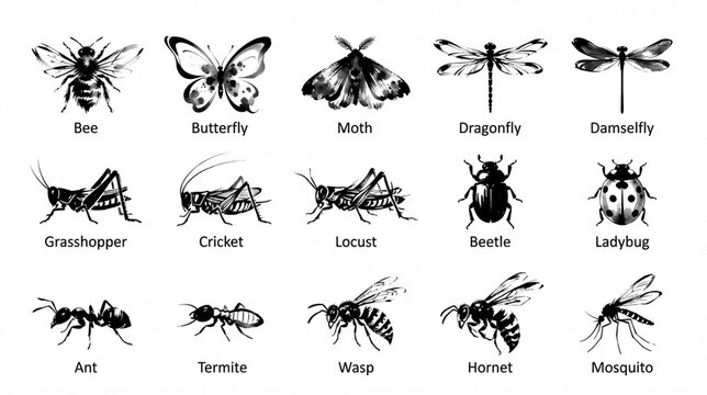 Comprehensive insect collection displays various black ink bug illustrations for scientific study.