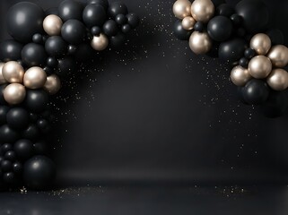 Naklejka premium Black and gold balloon arch decoration for festive party celebrations on a dark studio backdrop