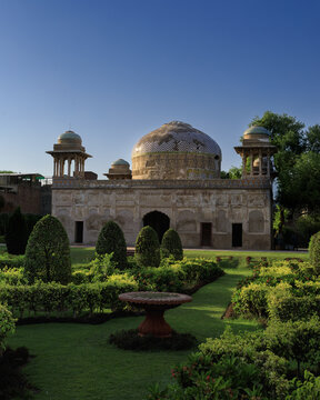 View of the historic 17th-century Tomb of Dai Anga, also known as Gulabi Bagh, featuring its iconic dome and manicured gardens in Lahore, Punjab, Pakistan.