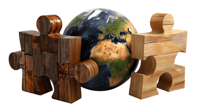 Earth globe with wooden puzzle pieces representing global cooperation