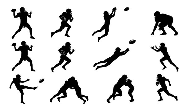 American Football Player Silhouette Collection featuring Quarterback Throwing, Catching, Kicking, and Tackling Actions for Gridiron Sports Team Logos, Game Posters, and Athletic Brandings