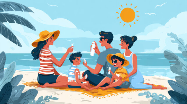 Family applying sunscreen together on a sunny beach vacation