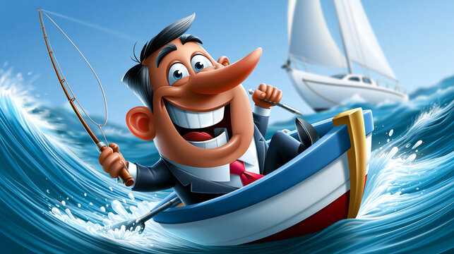 Cartoon-Gesch&auml;ftsmann segelt mit kleinem Papierboot &uuml;ber st&uuml;rmische See