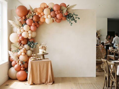 Boho style balloon arch with pampas grass and cake table for wedding or birthday party event decor