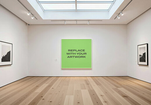 Framed poster mockup displayed on a gallery wall with track lighting and skylight, realistic interior art presentation featuring wooden floor black white photographs, template
