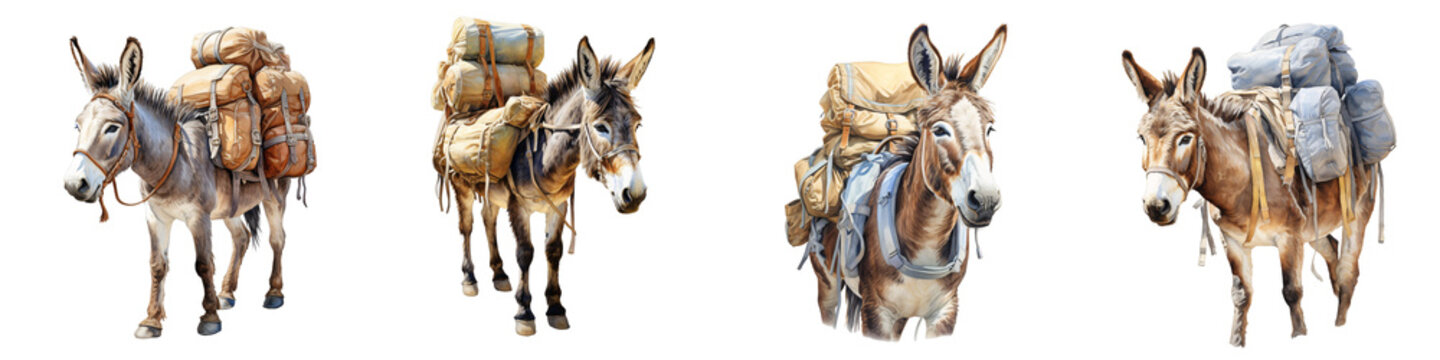 Watercolor illustration of four donkeys carrying packs on their backs against a black background