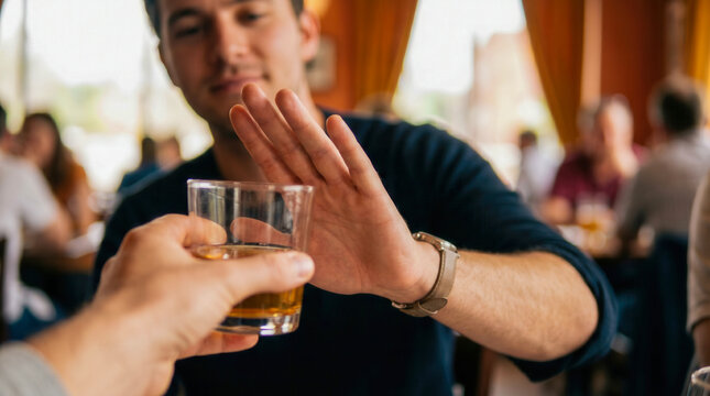 Man raising his hand to refuse an offered glass of alcohol in a bar or restaurant