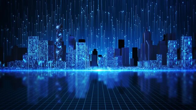 city skyline rising data nodes, reflective grid and connected digital architecture. for telemetry, cloud services, urban planning, sustainable infrastructure, enterprise networks and smart mobility.