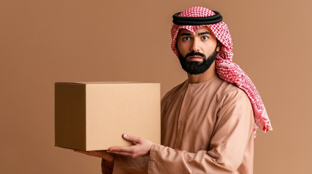 Arab man in traditional attire holds a cardboard box with concern against a plain brown background