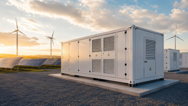 Containerized battery storage with solar and wind energy