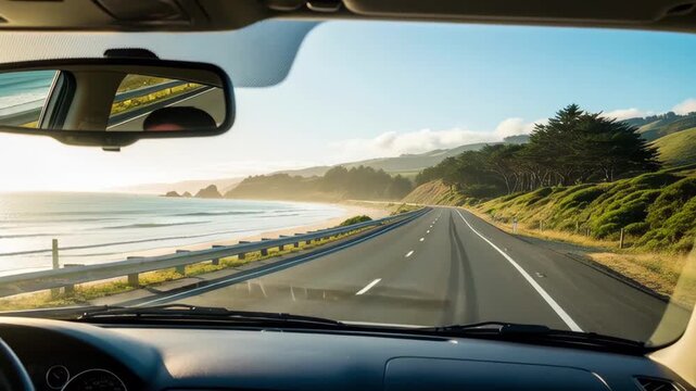 Interior view of a car driving along a winding coastal highway at golden hour with ocean, cliffs and sunlit road ahead.
